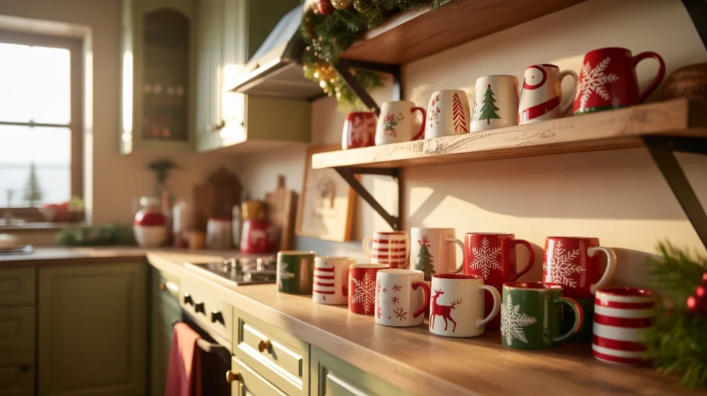 Holiday mugs displayed on shelves in a cozy apartment kitchen with seasonal decorations