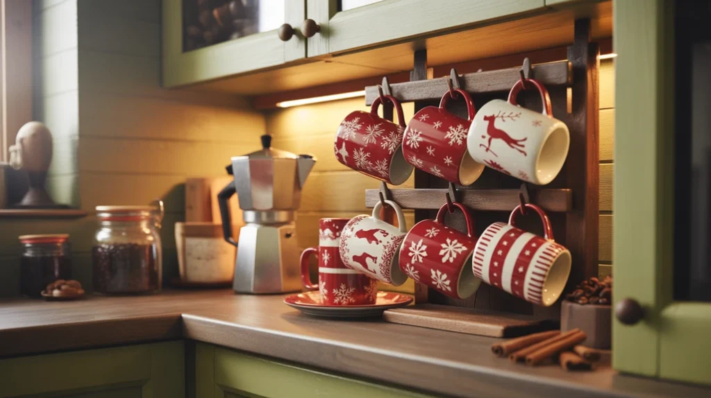 Holiday-themed mugs displayed on a cozy Christmas coffee station in a small kitchen