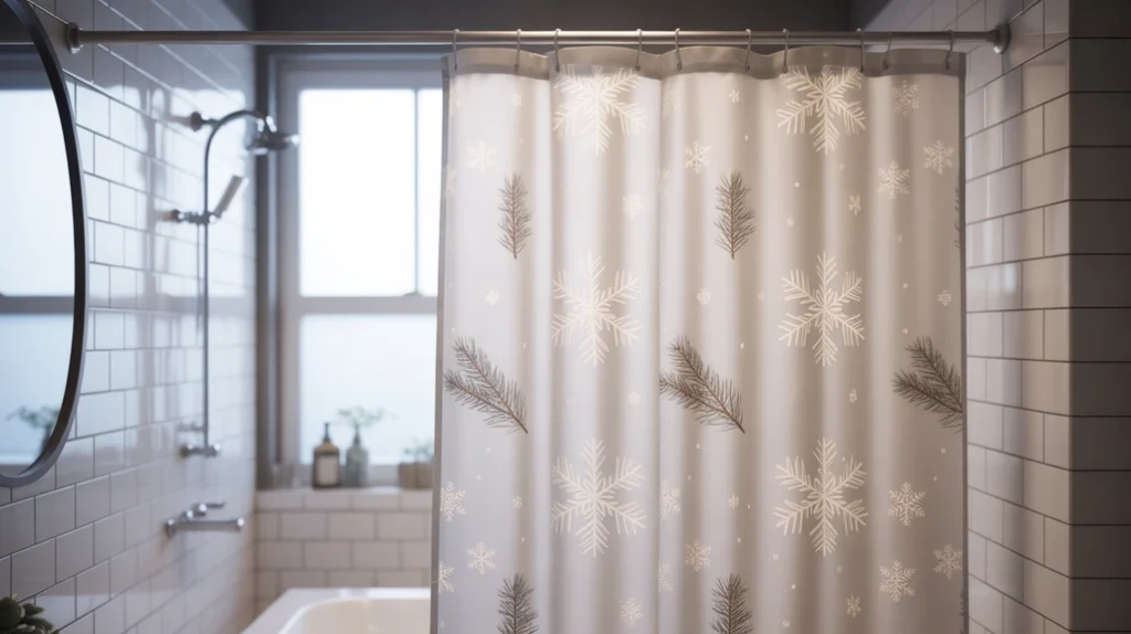 minimalist christmas shower curtain with soft seasonal patterns in a bright apartment bathroom