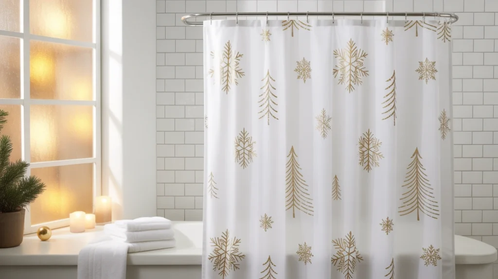 christmas shower curtain with winter tree pattern bringing festive style to a small bathroom