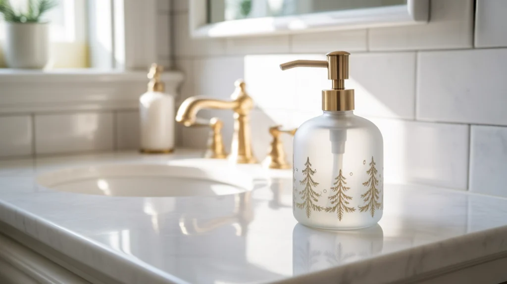 “frosted christmas soap dispenser sitting on a tidy bathroom counter”