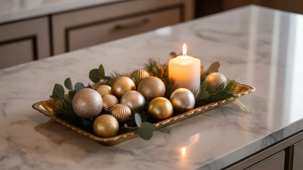 Decorative holiday tray on bathroom counter with ornaments, candle, and seasonal greenery