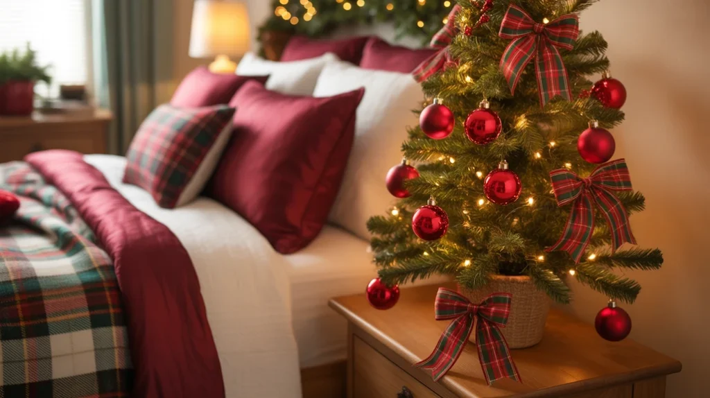 Small Christmas tree decorated with red ribbons and white lights in cozy classic bedroom setting