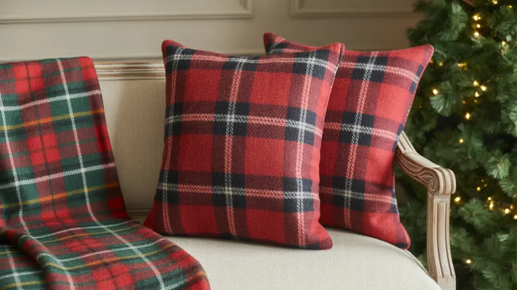 Red plaid pillows and throw blanket beside Christmas tree adding traditional holiday charm.