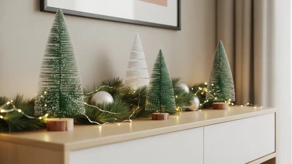 “Console table decorated with mini Christmas trees and simple holiday accents”