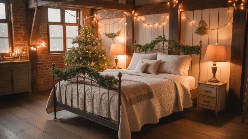 Warm farmhouse bedroom lighting with fairy lights and table lamps for a soft Christmas glow