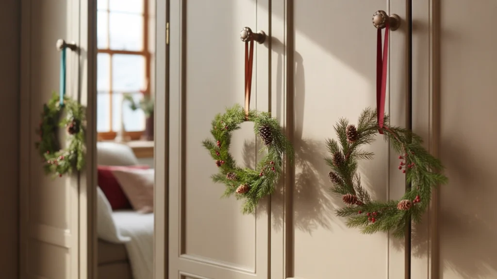 Small wreaths hanging on closet doors for simple Christmas bedroom accent