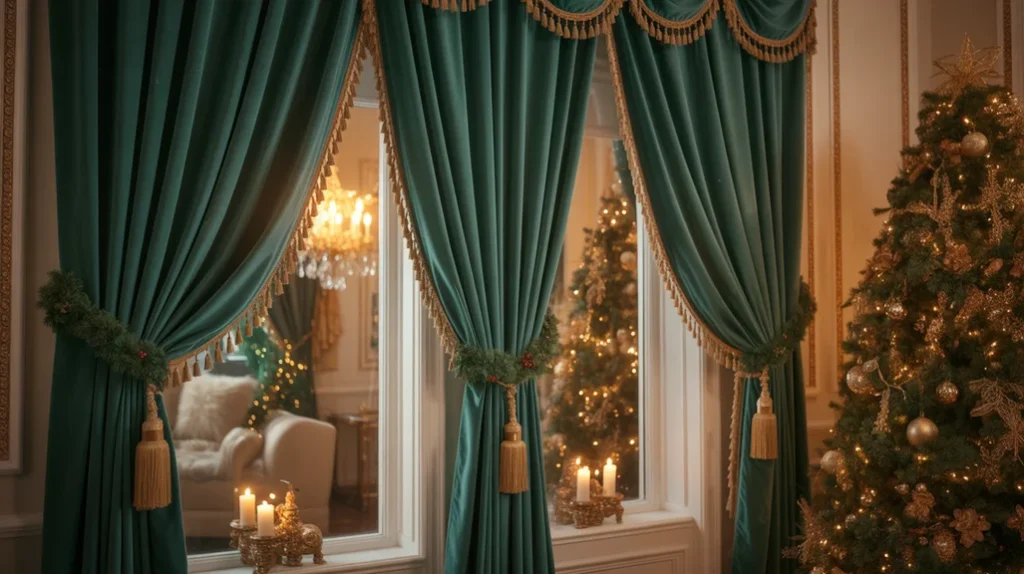 Emerald green velvet curtains with gold tiebacks adding depth and elegance to festive Christmas interiors.