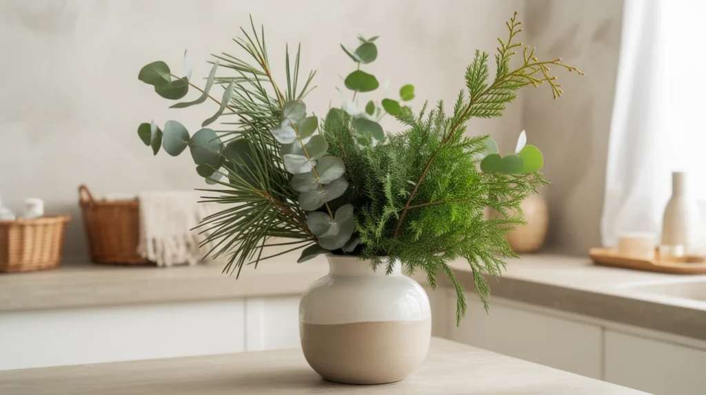 eucalyptus and pine stems adding soft natural greenery to boho christmas bathroom styling