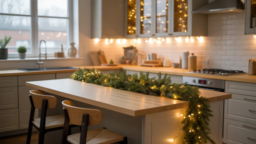 Warm white fairy lights draped around kitchen island centerpiece with greenery for soft festive glow