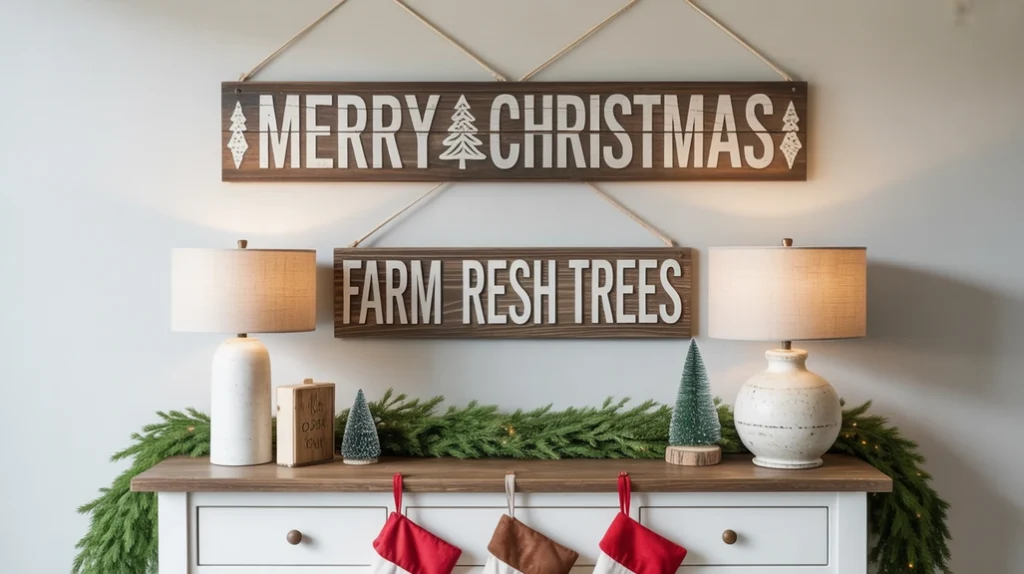 “Farmhouse Christmas wall signs adding country charm to an entryway”