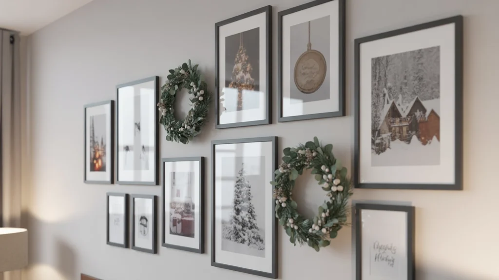 Festive gallery wall with framed holiday prints and wreaths in a cozy small apartment living room.