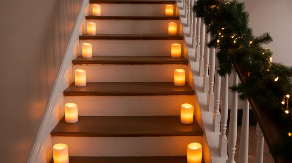 “Flameless candles placed on stair steps for warm Christmas lighting and cozy ambience”