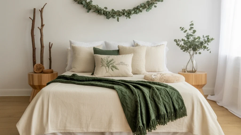 Forest green and cream Christmas bedroom decor inspired by nature