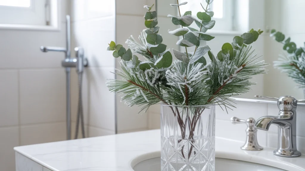 frosted eucalyptus and winter greenery adding soft glam touches to bathroom holiday decor