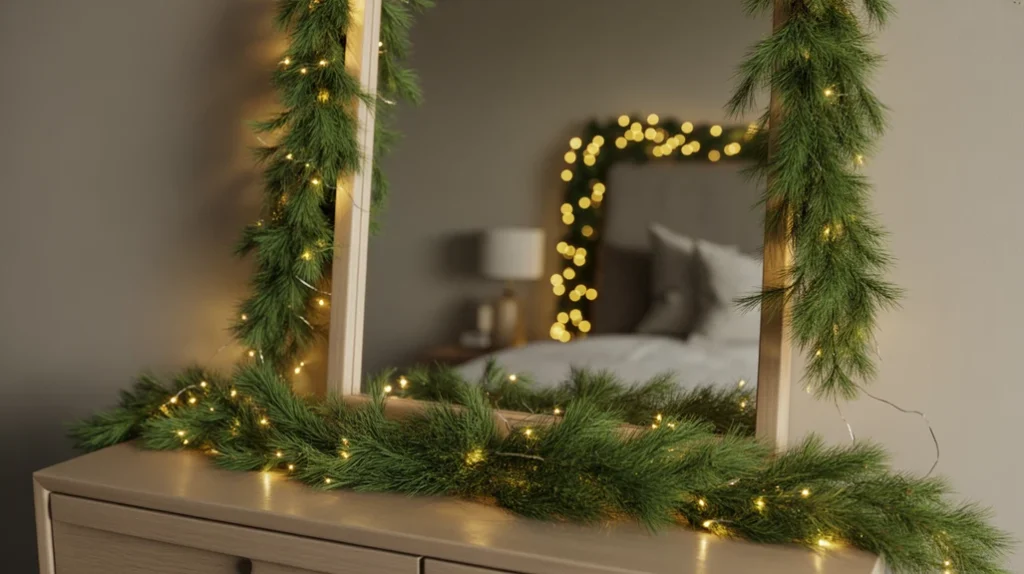 green garland with fairy lights draped over bedroom mirror for natural christmas decoration