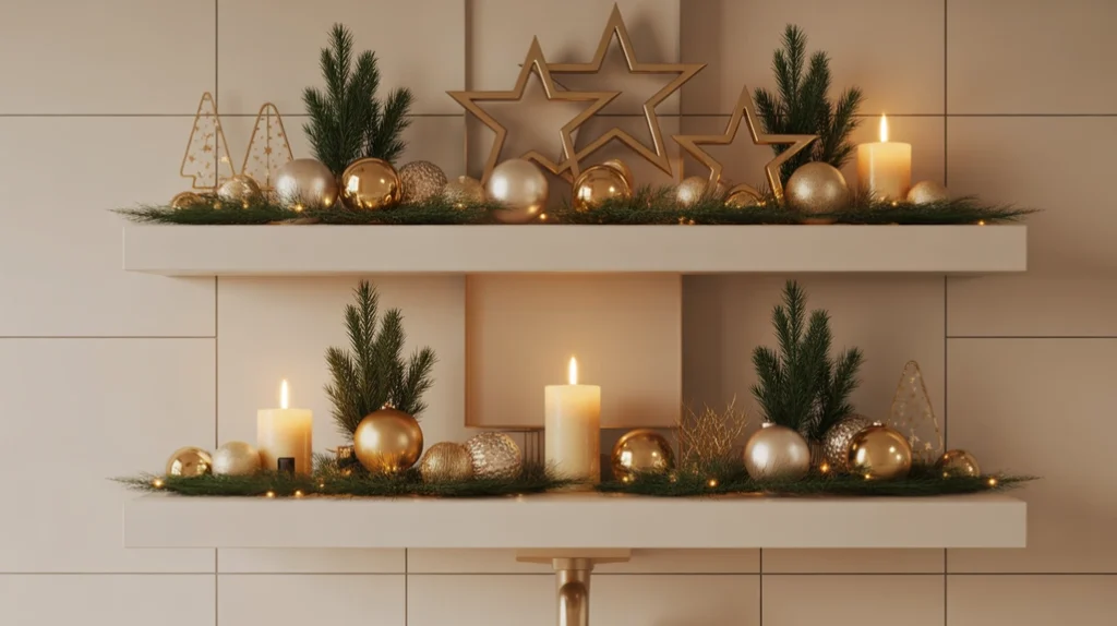 bathroom shelf decorated with gold ornaments, stars and holiday greenery