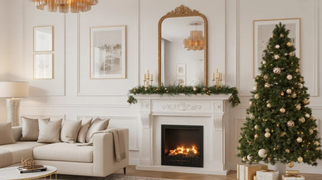 Living room mirrors and artwork with gold frames adding reflective beauty and festive holiday shine