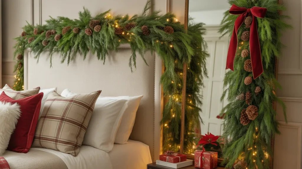 Greenery garland with pine and eucalyptus enhancing cozy holiday guest room decor
