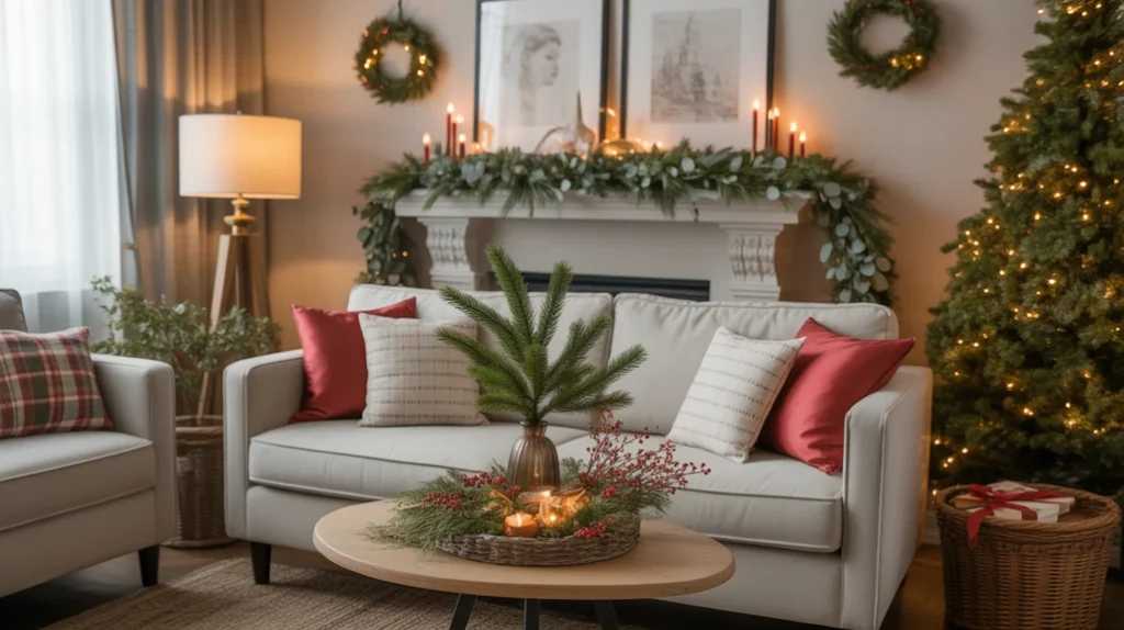 natural Christmas living room with pine branches and eucalyptus garlands