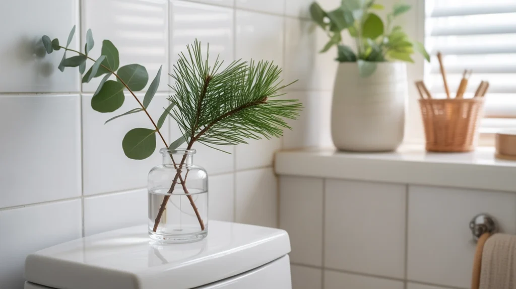 christmas greenery stems on toilet tank for natural holiday bathroom styling