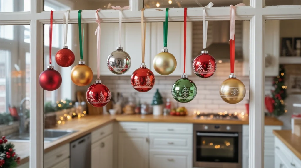 Colorful Christmas ornaments hanging from a kitchen window frame, playful and bright holiday window decoration.