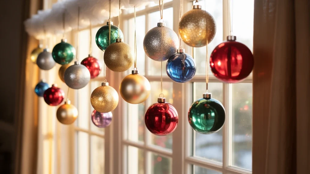 Colorful Christmas ornaments hanging from window frame, shimmering under natural light for festive decor.
