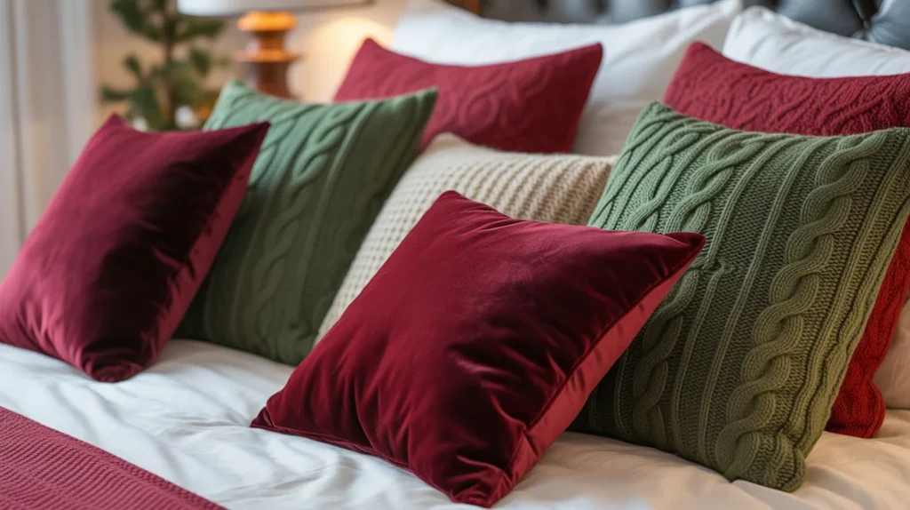 Holiday pillows in velvet and knit textures styled on a cozy Christmas bed
