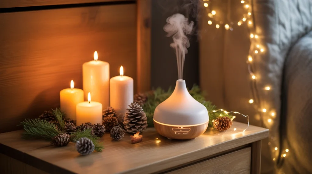 Scented candles and pine-scent diffuser for cozy Christmas bedroom mood