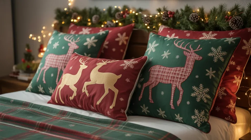 Holiday-themed pillow covers with snowflakes and reindeer designs enhancing Christmas bedding ideas
