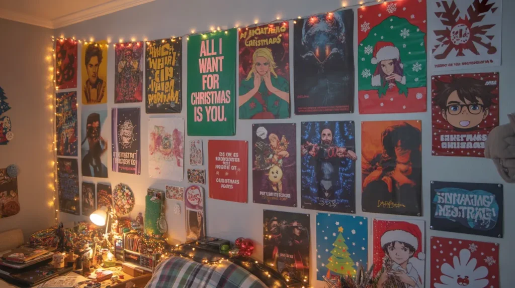 Wall posters and Christmas art prints in a modern teen bedroom for a festive and trendy holiday touch