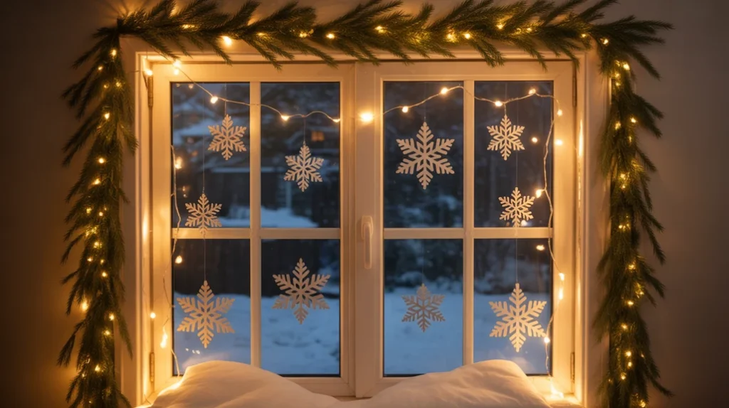 kids bedroom window decorated with evergreen garland and twinkling Christmas lights
