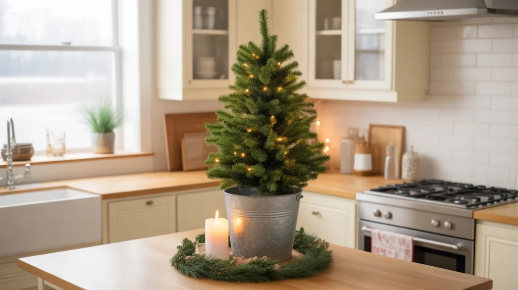 mini christmas tree on kitchen island corner with candle and garland for cozy festive decor