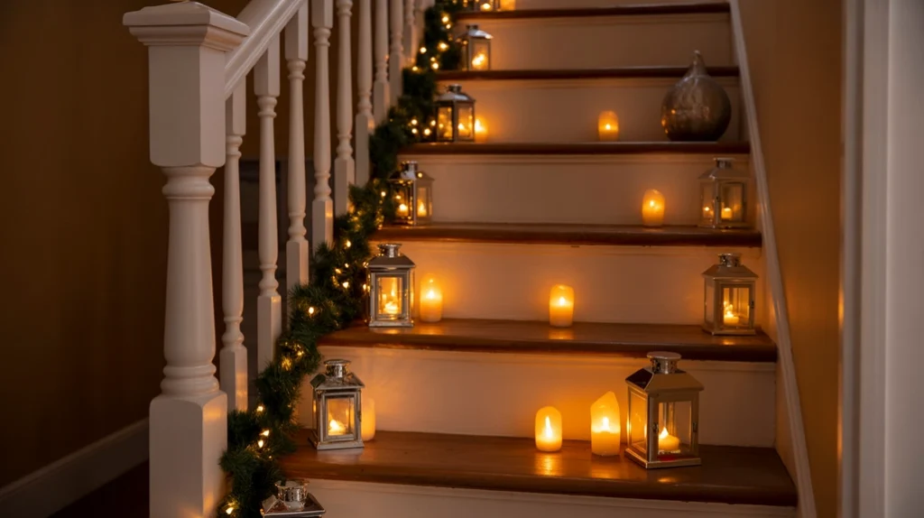 Staircase decorated with small lanterns and garlands creating warm Christmas lighting and cozy entryway glow.