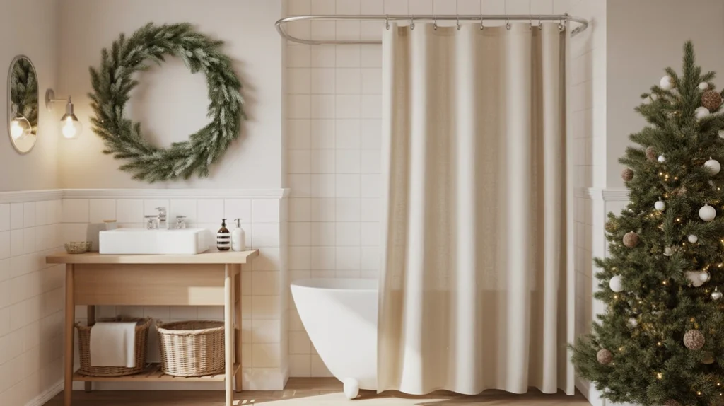 linen shower curtain in beige tones adding soft christmas charm to the bathroom