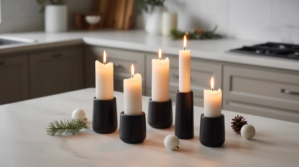 Matte black candle holders with tall white candles on kitchen counter for cozy Christmas ambiance