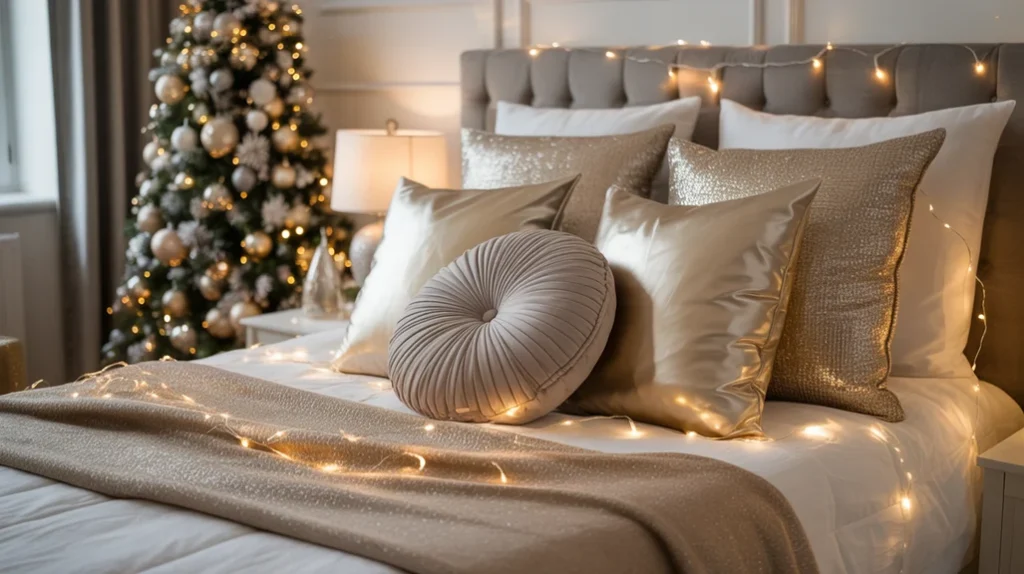 Metallic pillows and shimmering blankets reflecting soft light in elegant Christmas bedroom decor.