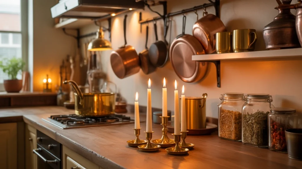 gold and brass candle holders and copper pots bringing warmth to cozy christmas kitchen decor