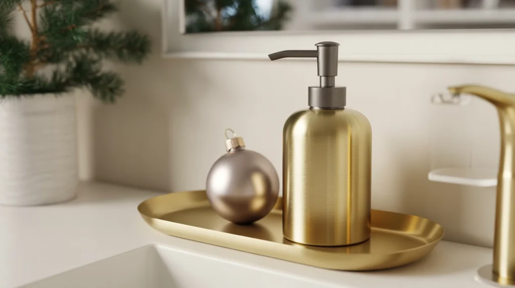 brushed-metal holiday décor pieces bringing soft shine to a modern bathroom