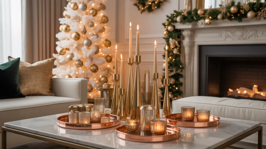 Metallic gold and copper holiday accents adding sparkle to modern Christmas living room decor