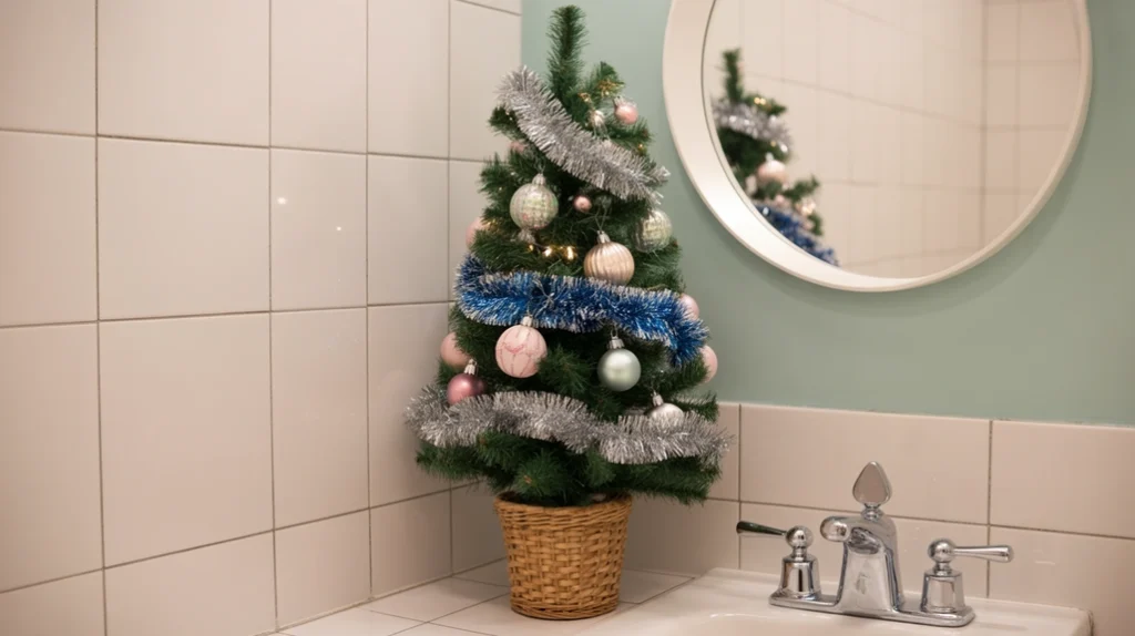 mid-century tabletop christmas tree decorated with retro ornaments in bathroom