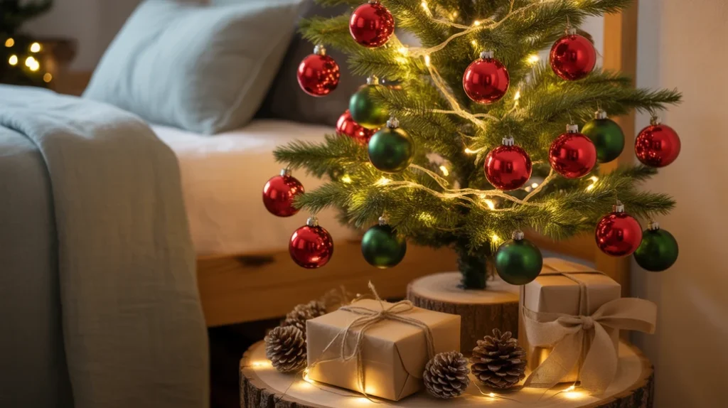 Mini Christmas tree decorated with red and green ornaments in a cozy bedroom