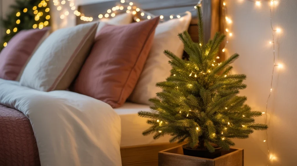 Mini Christmas tree with fairy lights glowing softly in bedroom holiday decor