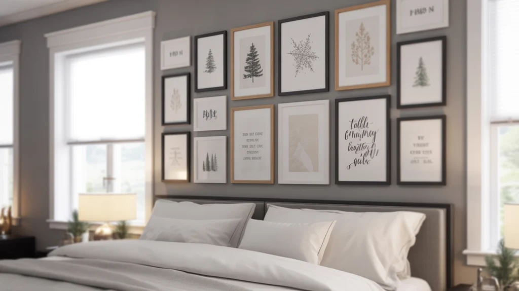 Mini gallery wall with framed Christmas art and quotes above bed in modern apartment