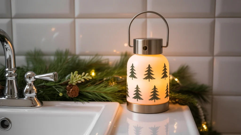 small holiday lantern adding warm light beside bathroom sink for cozy christmas decor
