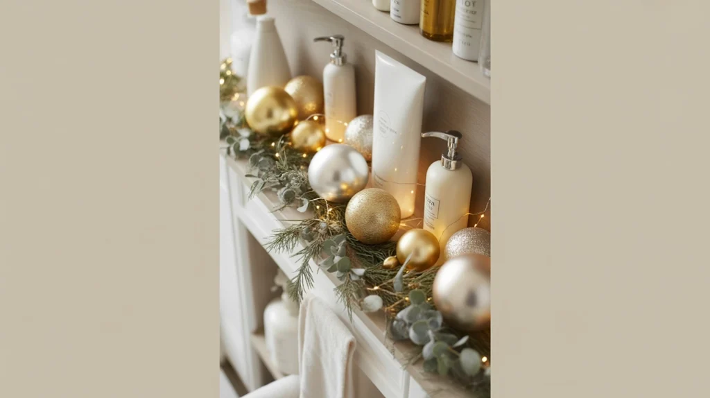 tiny Christmas ornaments scattered on bathroom shelf for festive sparkle