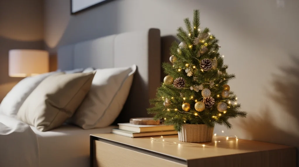Minimal Christmas bedroom with small wreath hanging above cozy bed