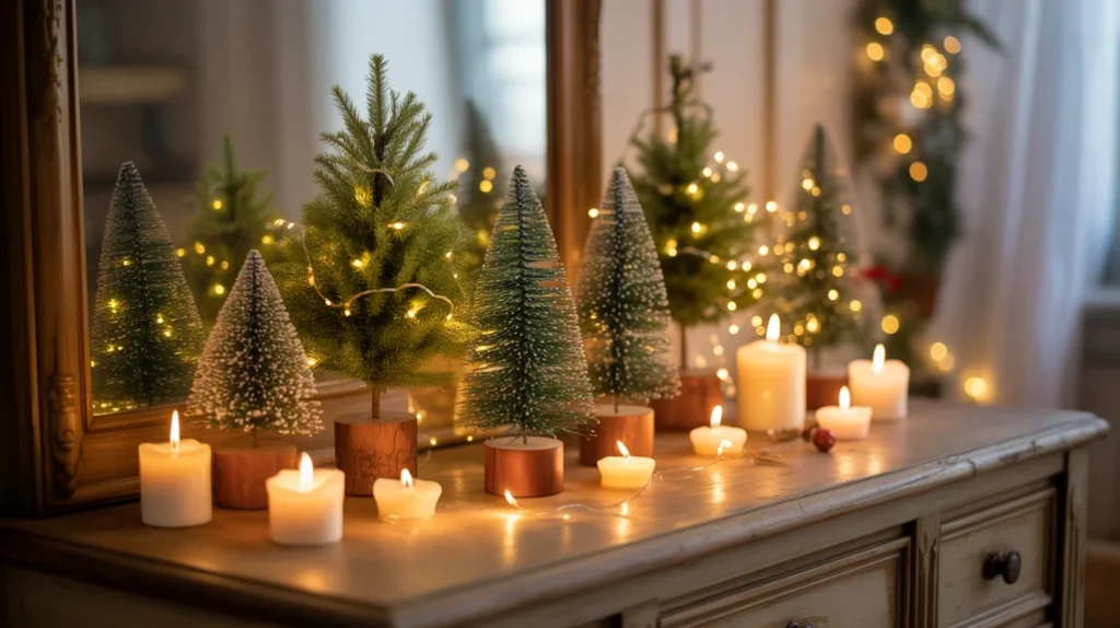 Cluster of mini Christmas trees on dresser for holiday bedroom decor