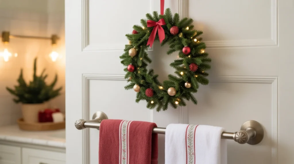 mini christmas wreath displayed over folded towels for simple festive bathroom décor