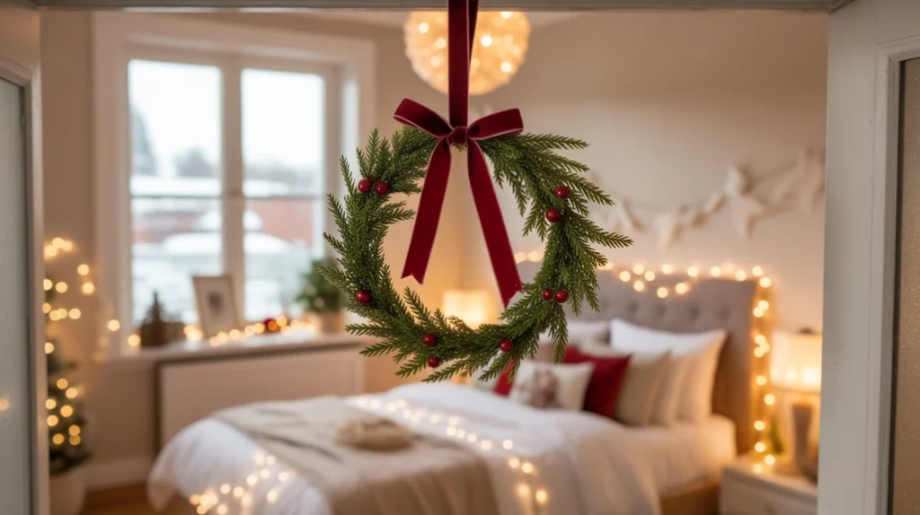 Mini Christmas wreath with pine branches and ribbon above bed in compact bedroom